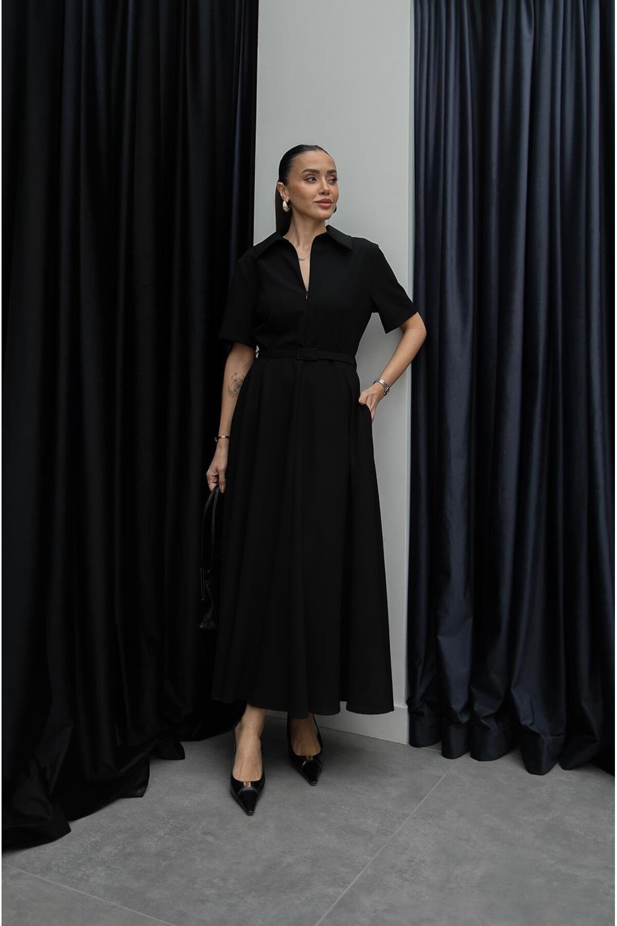 Havoş  Siyah Ward İnce Kemerli Elbise - Görsel 3