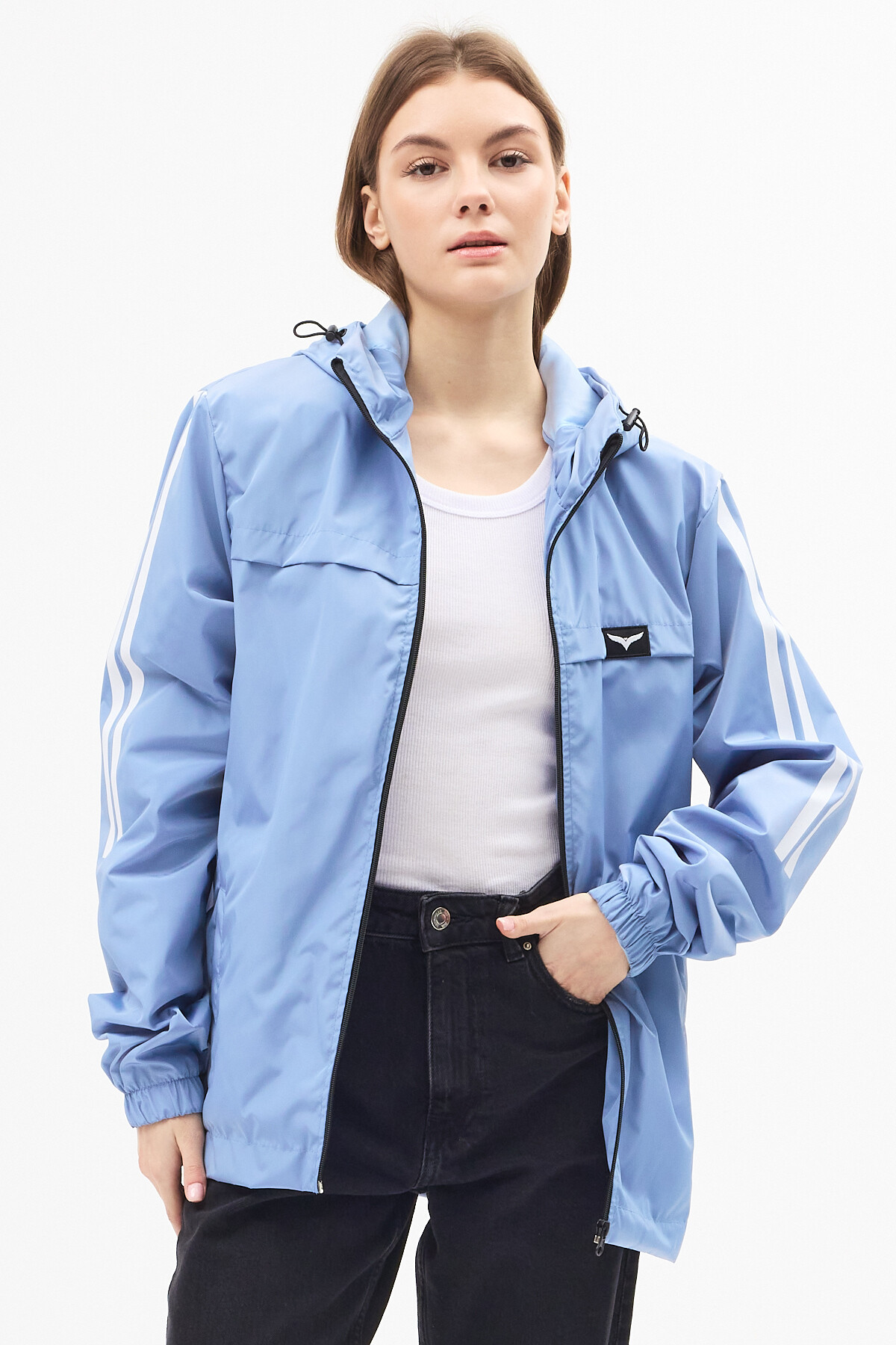 LEVEL HİGH  Kadın Mavi Kapüşonlu Şerit Detaylı Suya Dayanıklı Mevsimlik Yağmurluk - Görsel 7