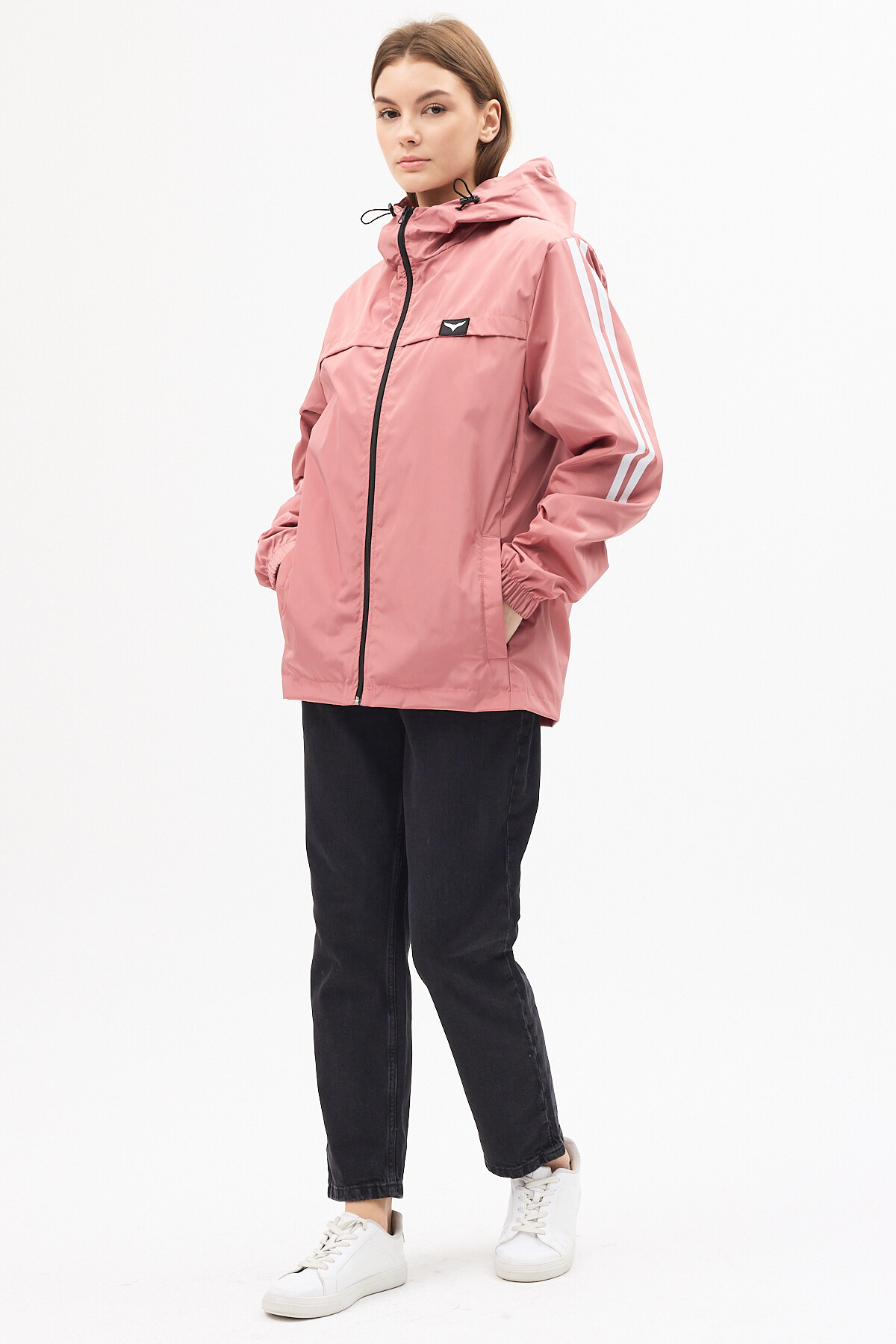 LEVEL HİGH  Kadın Pudra Kapüşonlu Şerit Detaylı Suya Dayanıklı Mevsimlik Yağmurluk - Görsel 7