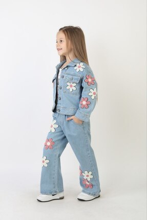 Moonch Kız Çocuk Papatya Nakışlı Kot Ceket ve Pantolon Takımı