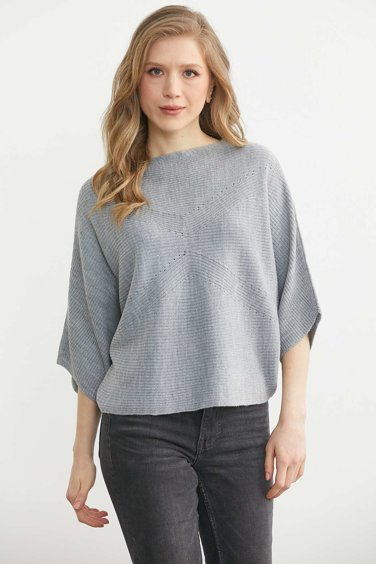 Sementa  Kayık Yaka Triko Panço Kazak - Gri