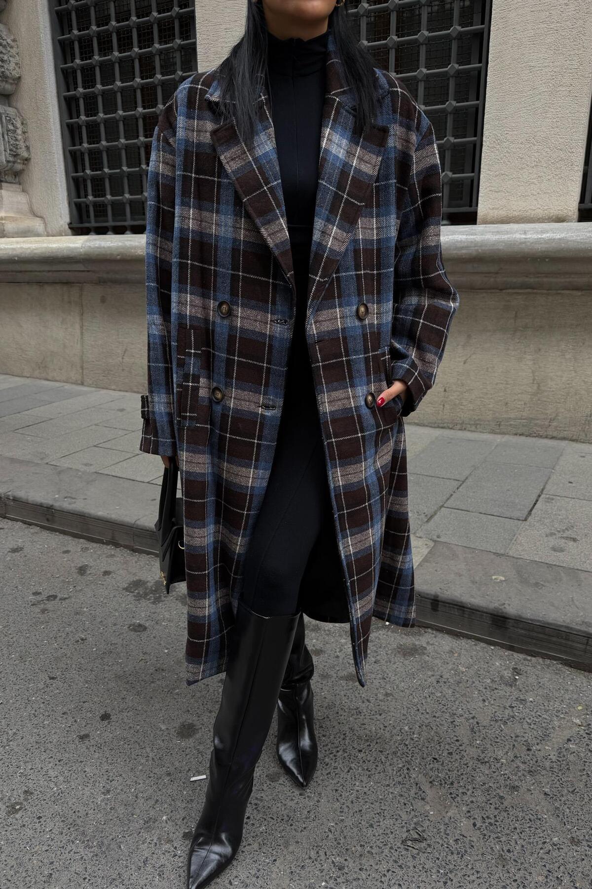 Lijuri  Çift Düğme Kapamalı Ekose Desenli Kaşe Kaban 7141 - Görsel 4