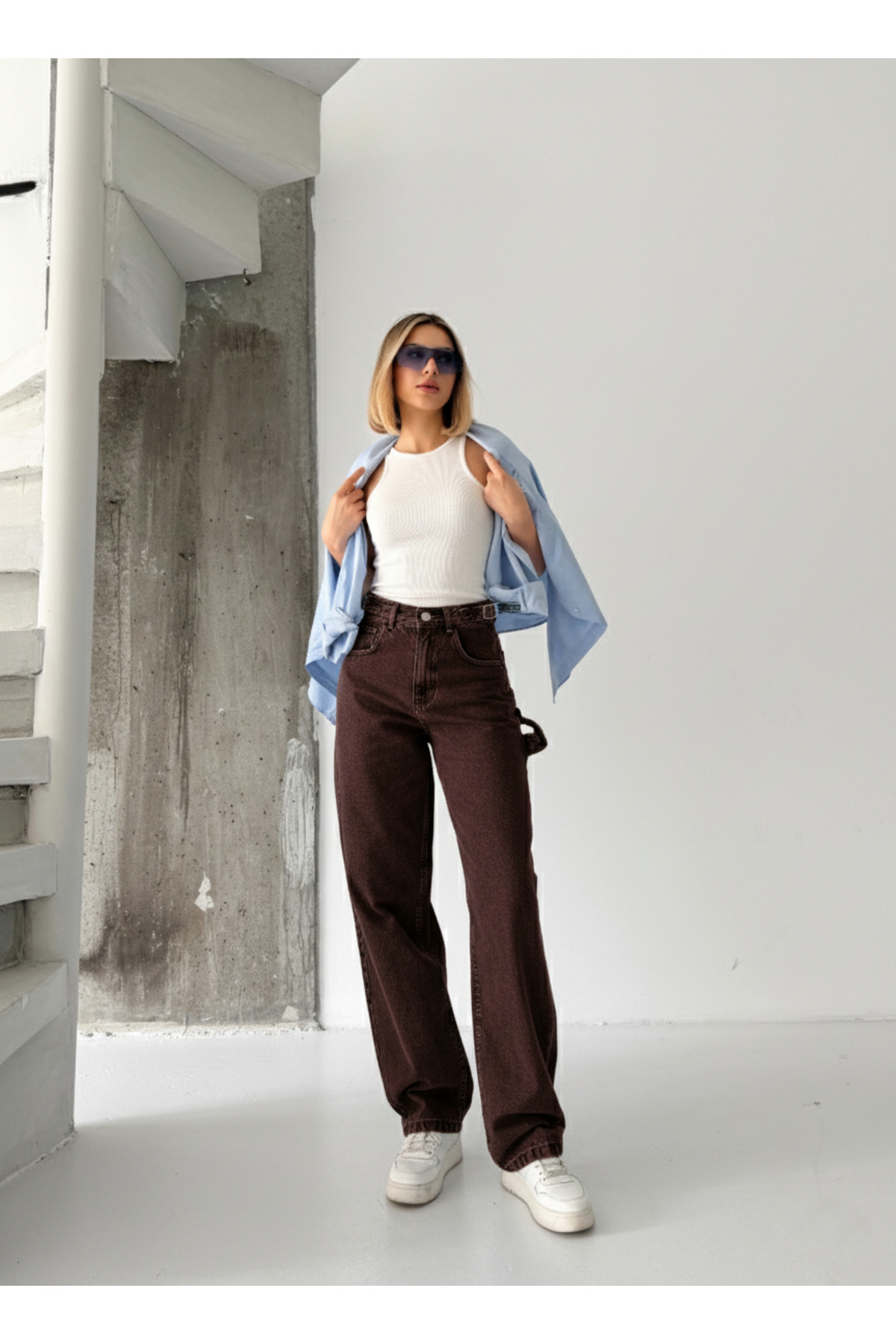 BELT EPAULETTE BUCKLE BROWN STONE WASH DETAIL BAGGY WIDE LEG JEANS