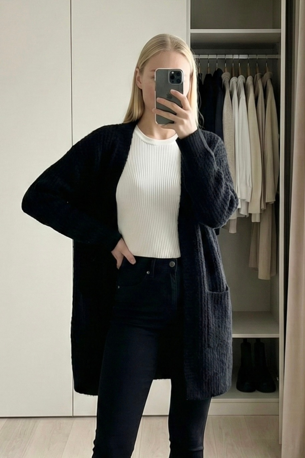 lamea Kadın Uzun Oversize Kalın Örgü - Yumuşak Gündelik Triko Hırka, Cepli, Siyah görsel 3