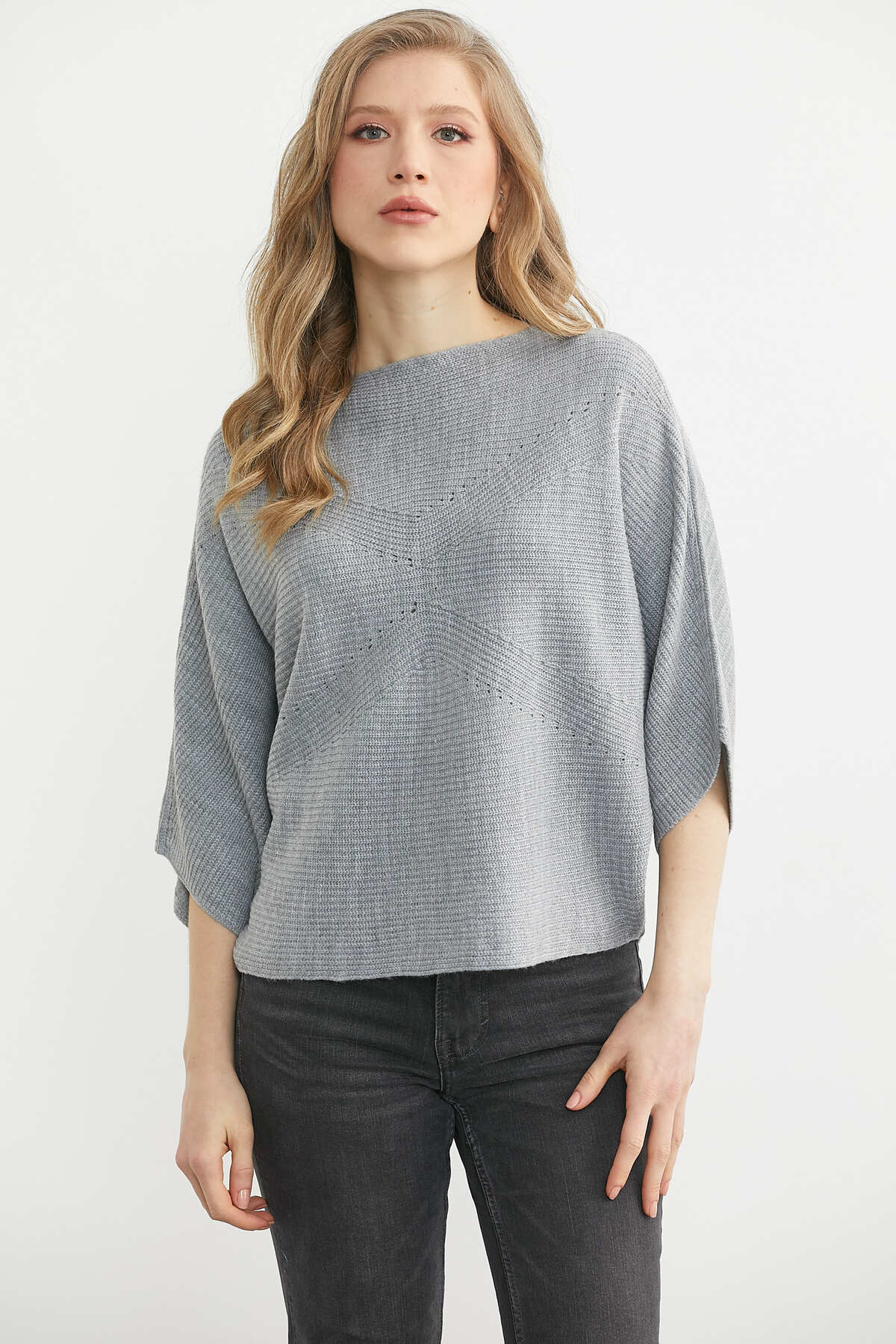 Sementa  Kayık Yaka Triko Panço Kazak - Gri - Görsel 2