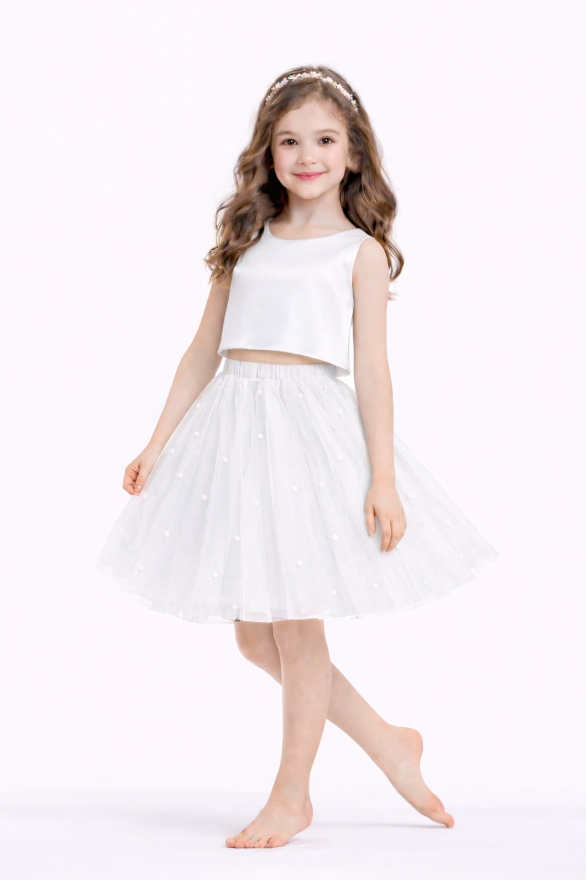 SUNEH  Kız Çocuk İnci Detaylı Beyaz Tütü Etek Doğum Günü Mezuniyet Parti Etek - Görsel 2