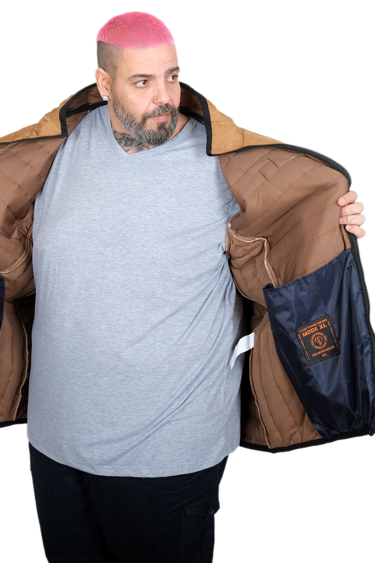 ModeXL Mode XL Büyük Beden Erkek Kapitone Dik Yaka Mont 22604 KAHVERENGİ görsel 3