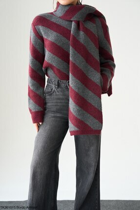 AURACOLLECTION BORDO ÇİZGİLİ ATKILI KAZAK