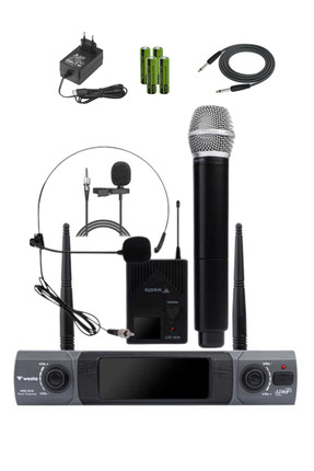 Westa WM-202HT Çift Telsiz Mikrofon Seti 1 El + 1 Yaka/Headset Kablosuz Mikrofon