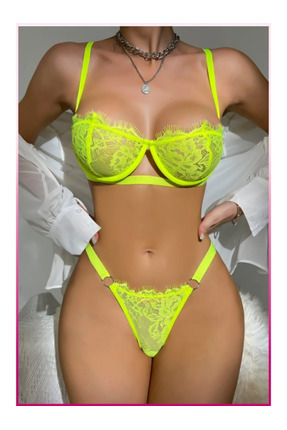 The Geisha Kadın Neon Yeşil Dantelli Balenli Sütyen Külot Takım