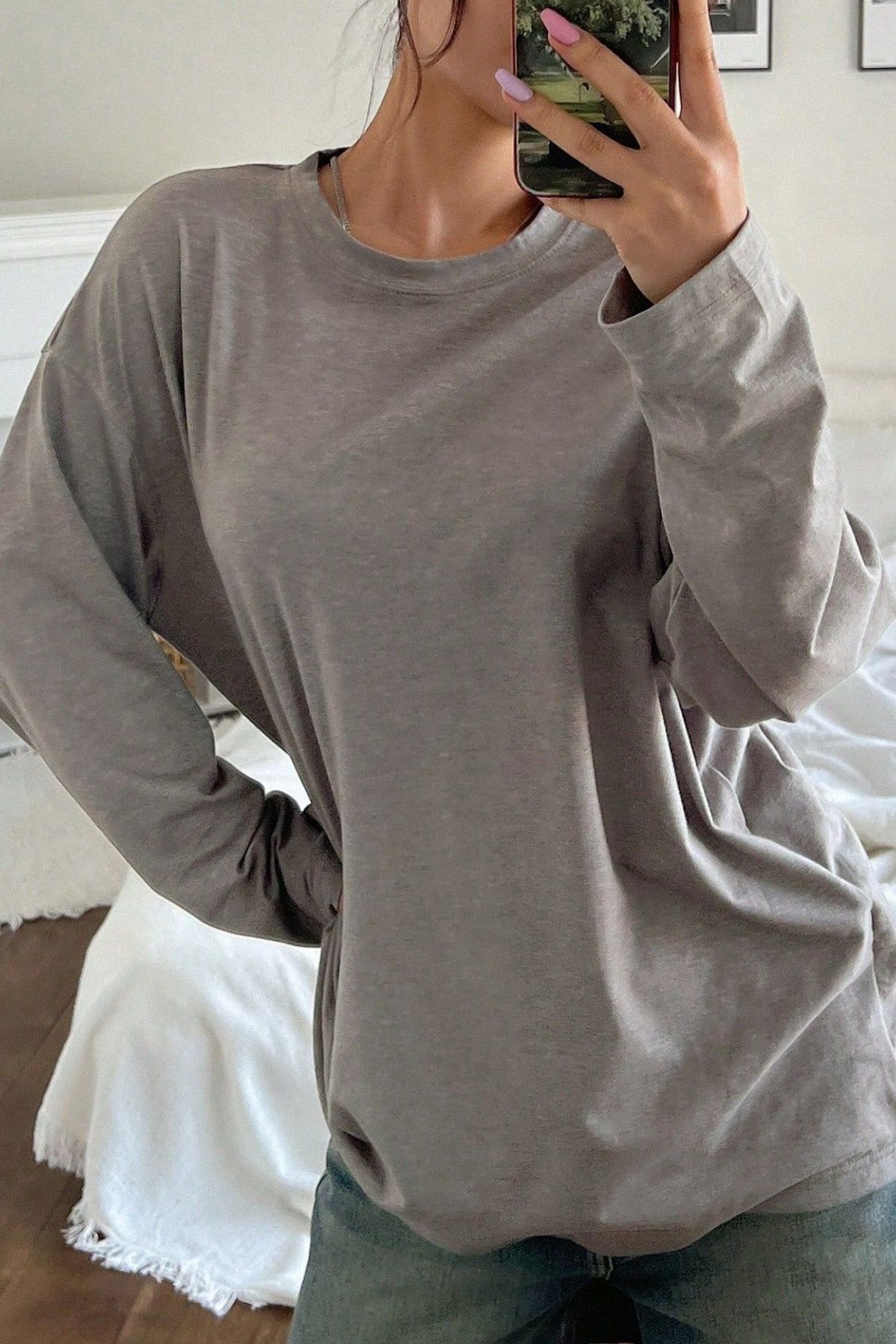 İlayda Toprak  Uzun Kol Basic Kadın Uzun Kollu Salaş Gri Bol Kalıp Bluz