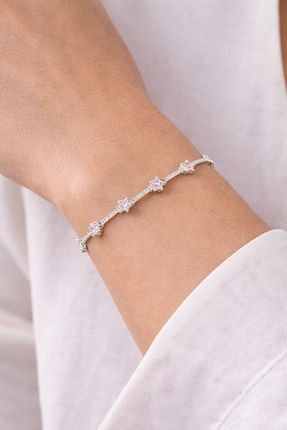 liore dünyası 925 Ayar Gümüş Pembe Taşlı Yıldız Tasarımlı Bileklik