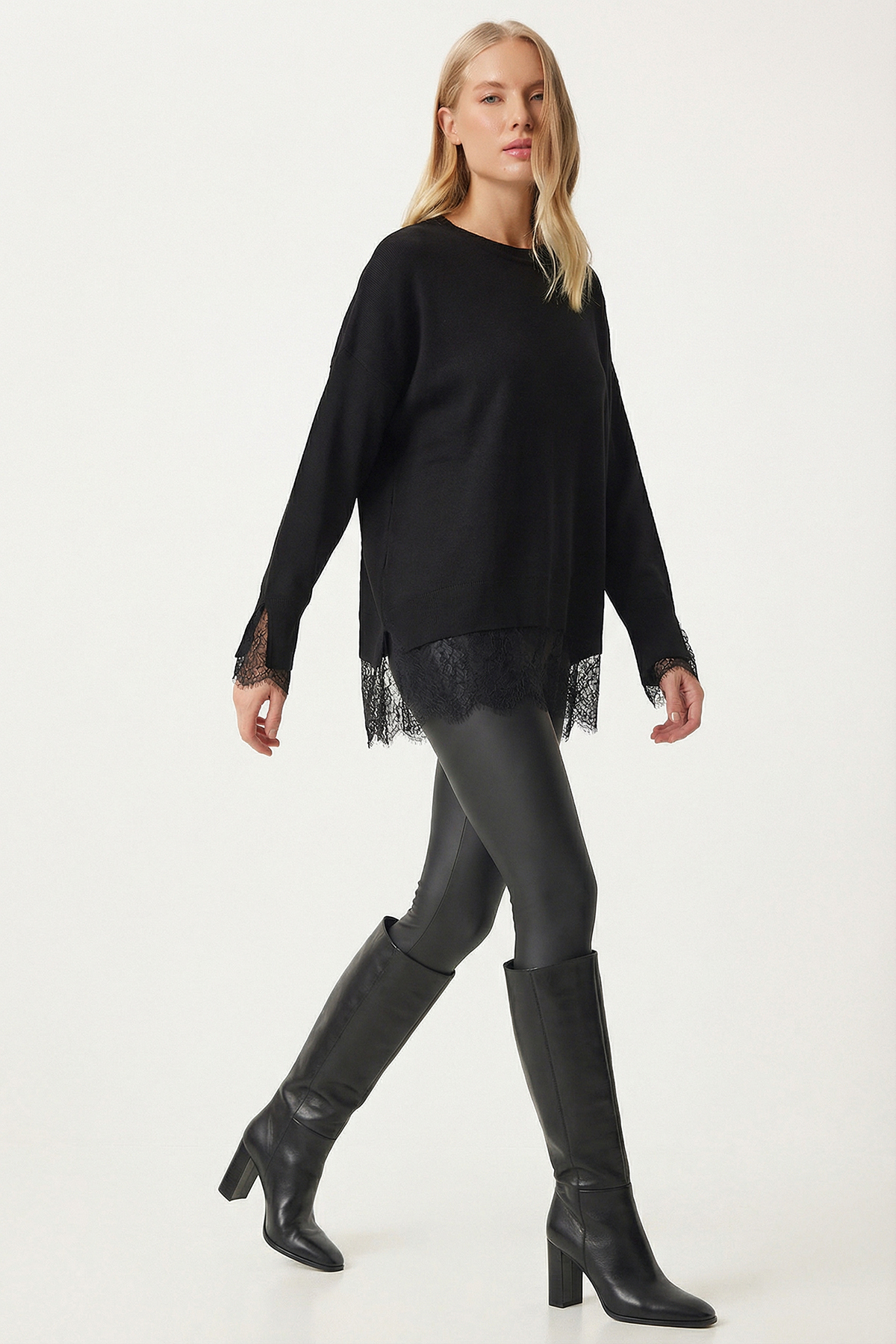 Lovelyİstanbul  Uzun Kontrast Dantel Detaylı Triko Kazak LYY0135 SİYAH - Görsel 2