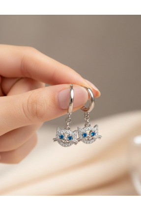 LUNA LUSTER 925 Ayar Gümüş Kedi Tasarım Kadın Küpe Sevgililer Günü Hediye