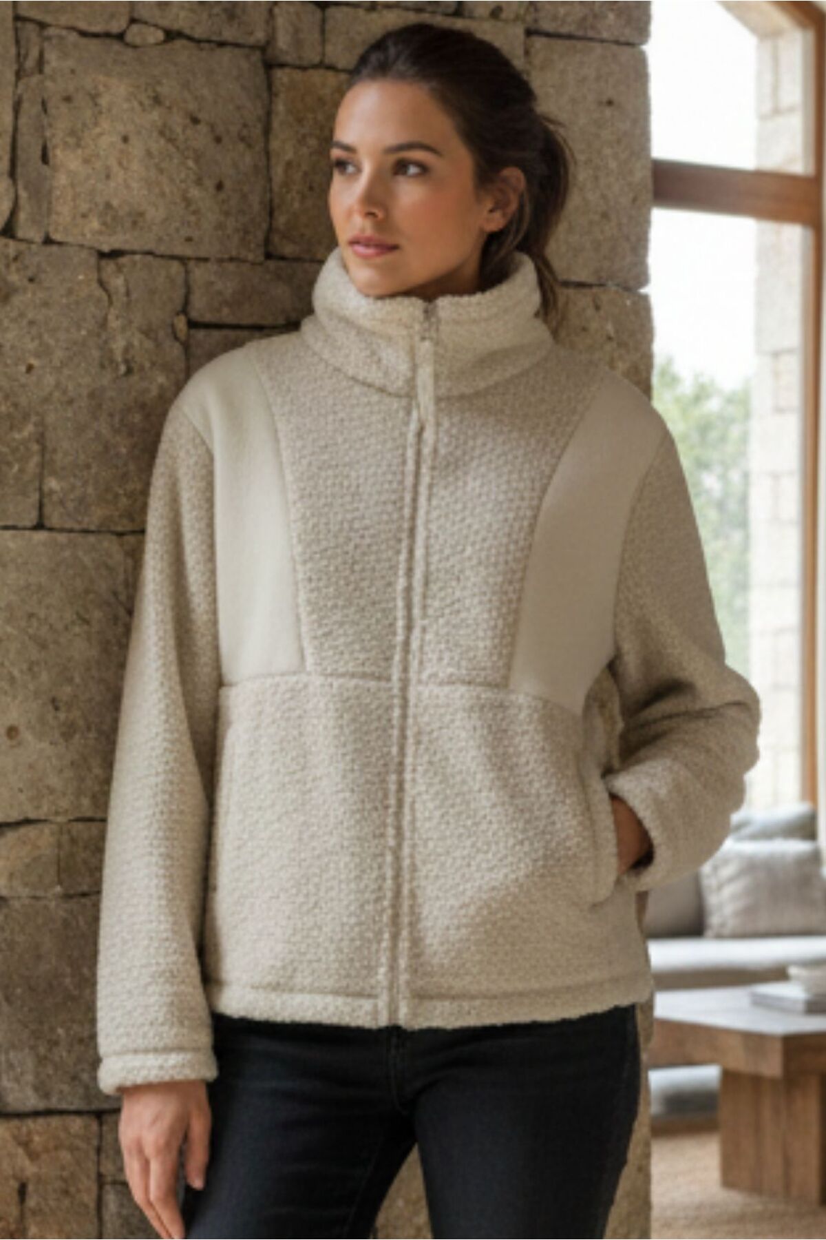 KNUP  NAP Kadın Ekru Fermuarlı Peluş Polar Ceket - Sherpa Kumaş - Görsel 3