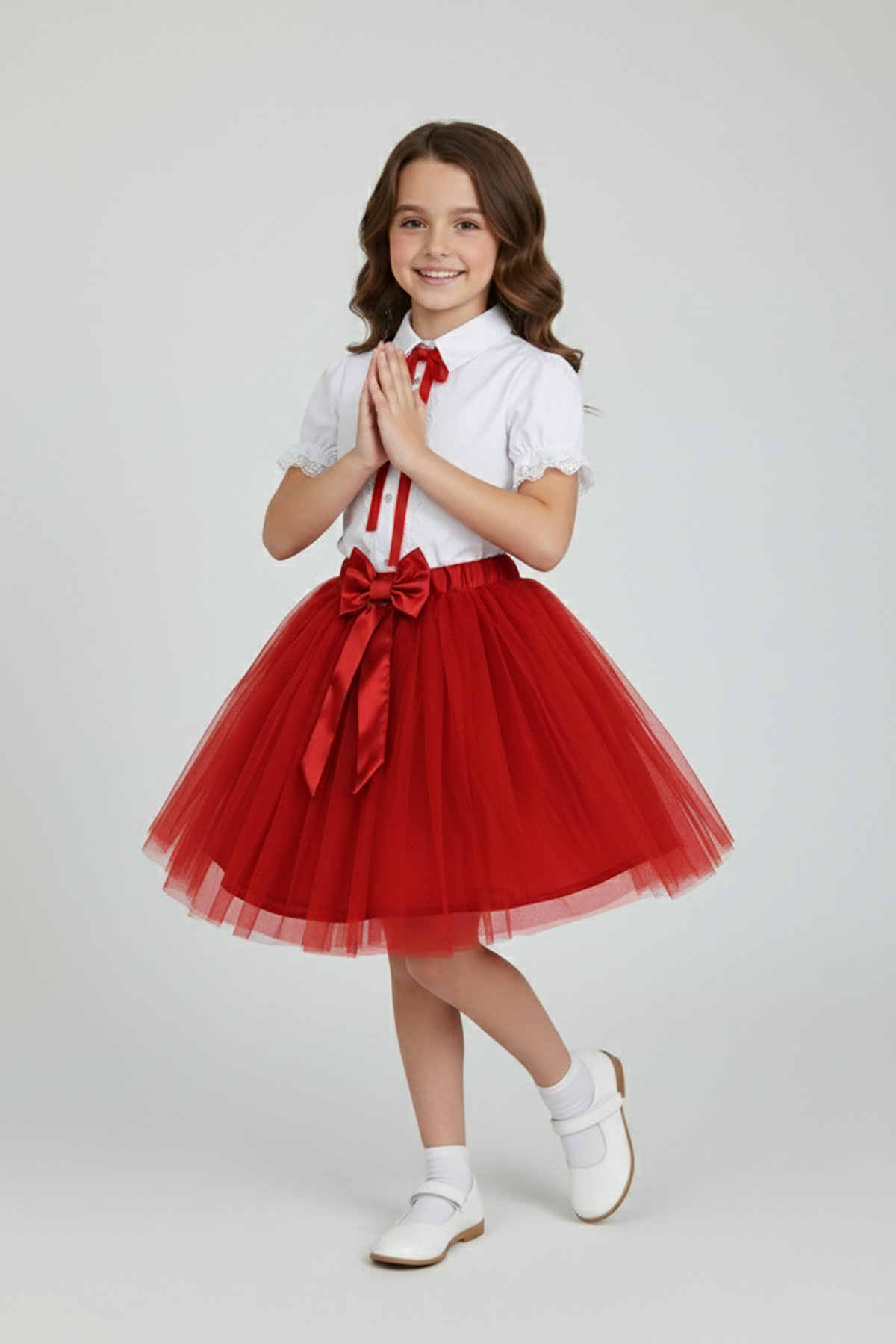 Girls Red Bowknot Lace Shirt Red Tutu Skirt Set 23 April 29 October Showwear