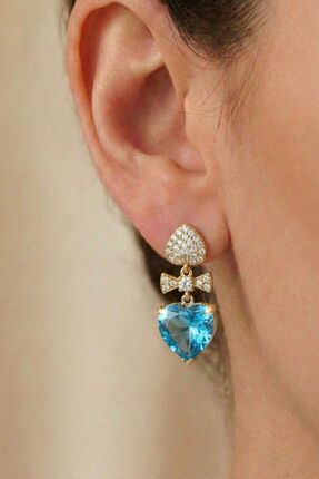 Osha Aksesuar Altın Kaplama Zirkon Taşlı Turkuaz Kalp Figürlü Çivi Küpe