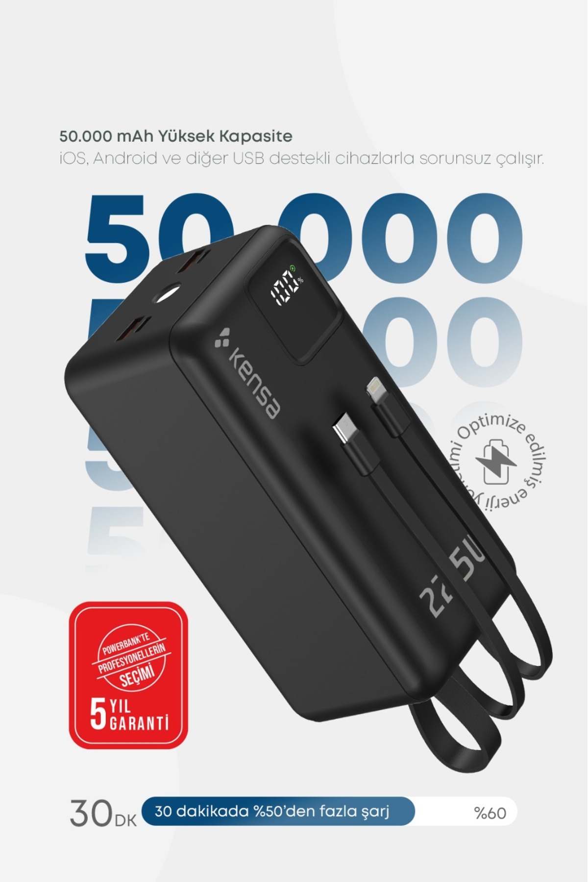 ケン Kensa 50.000 mAh Dijital Göstergeli Dahili Çoklu Kablolu Powerbank