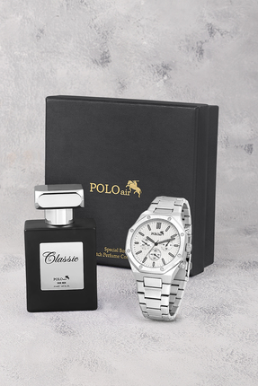 polo air Sekizgen Kasa Erkek Kol Saati Ve Parfüm Hediyelik Kutusunda Set Gümü...