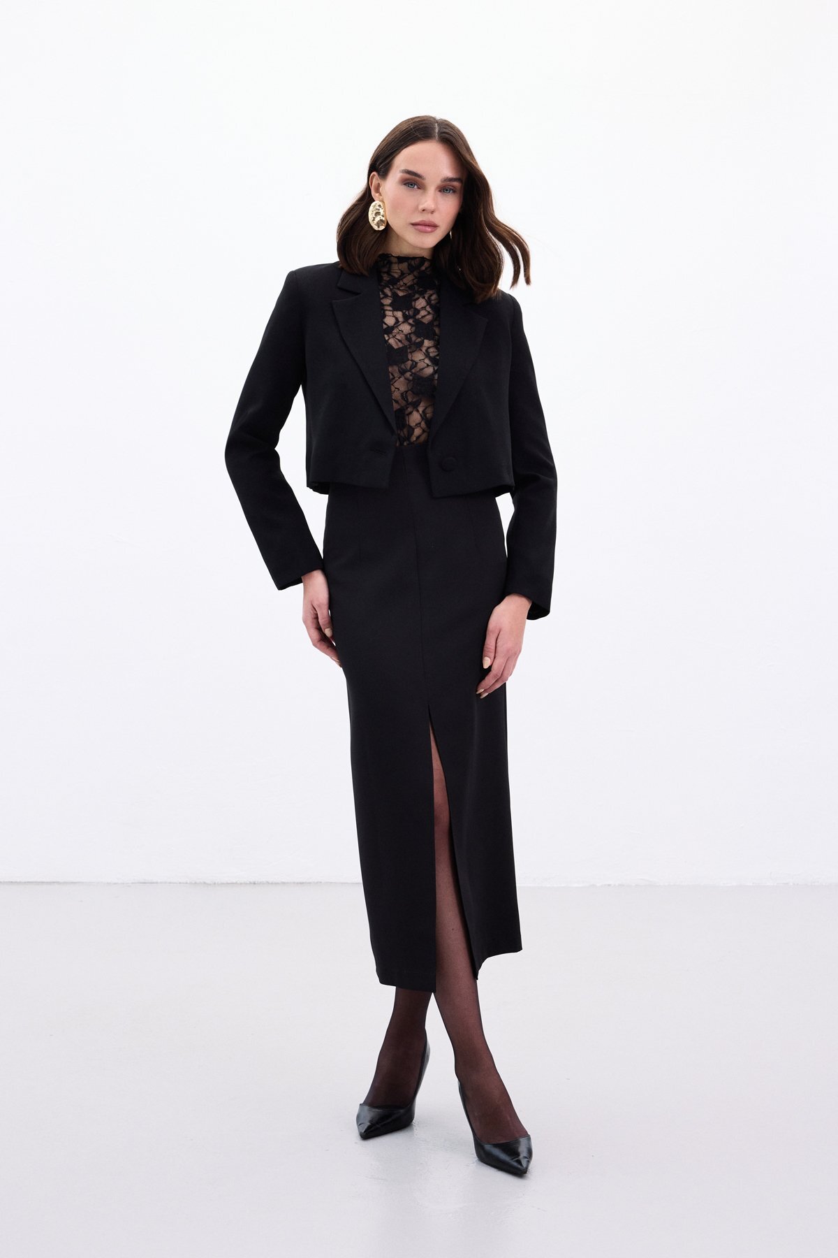 Sateen  Yırtmaçlı Midi Etek - Siyah - Görsel 4