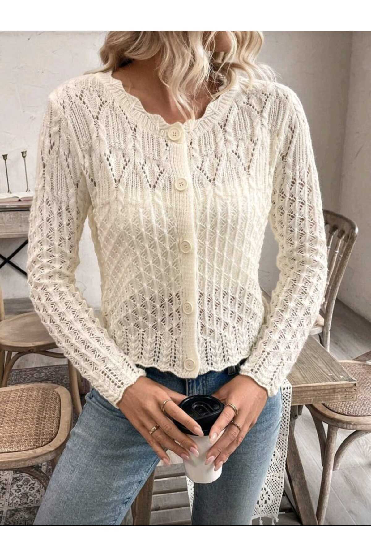 Gülçin Coşkun  Ajurlu Uzun Kol Yaka Detaylı Düğmeli Sepet Desen %100 Pamuk Kadın Triko Hırka - Görsel 6