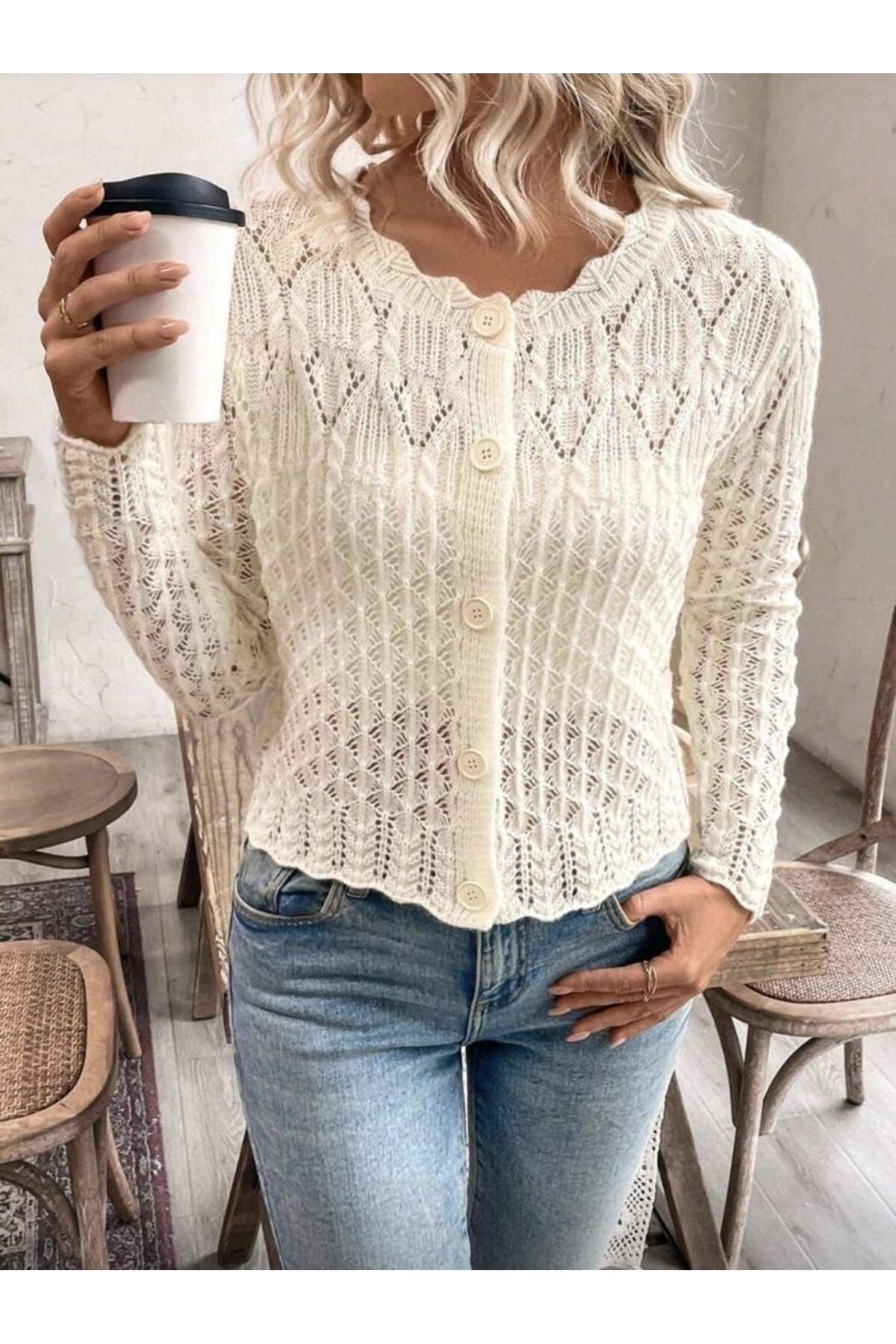 Gülçin Coşkun  Ajurlu Uzun Kol Yaka Detaylı Düğmeli Sepet Desen %100 Pamuk Kadın Triko Hırka - Görsel 3