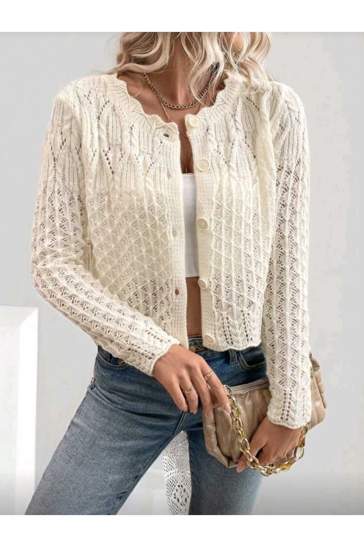 Gülçin Coşkun  Ajurlu Uzun Kol Yaka Detaylı Düğmeli Sepet Desen %100 Pamuk Kadın Triko Hırka - Görsel 4