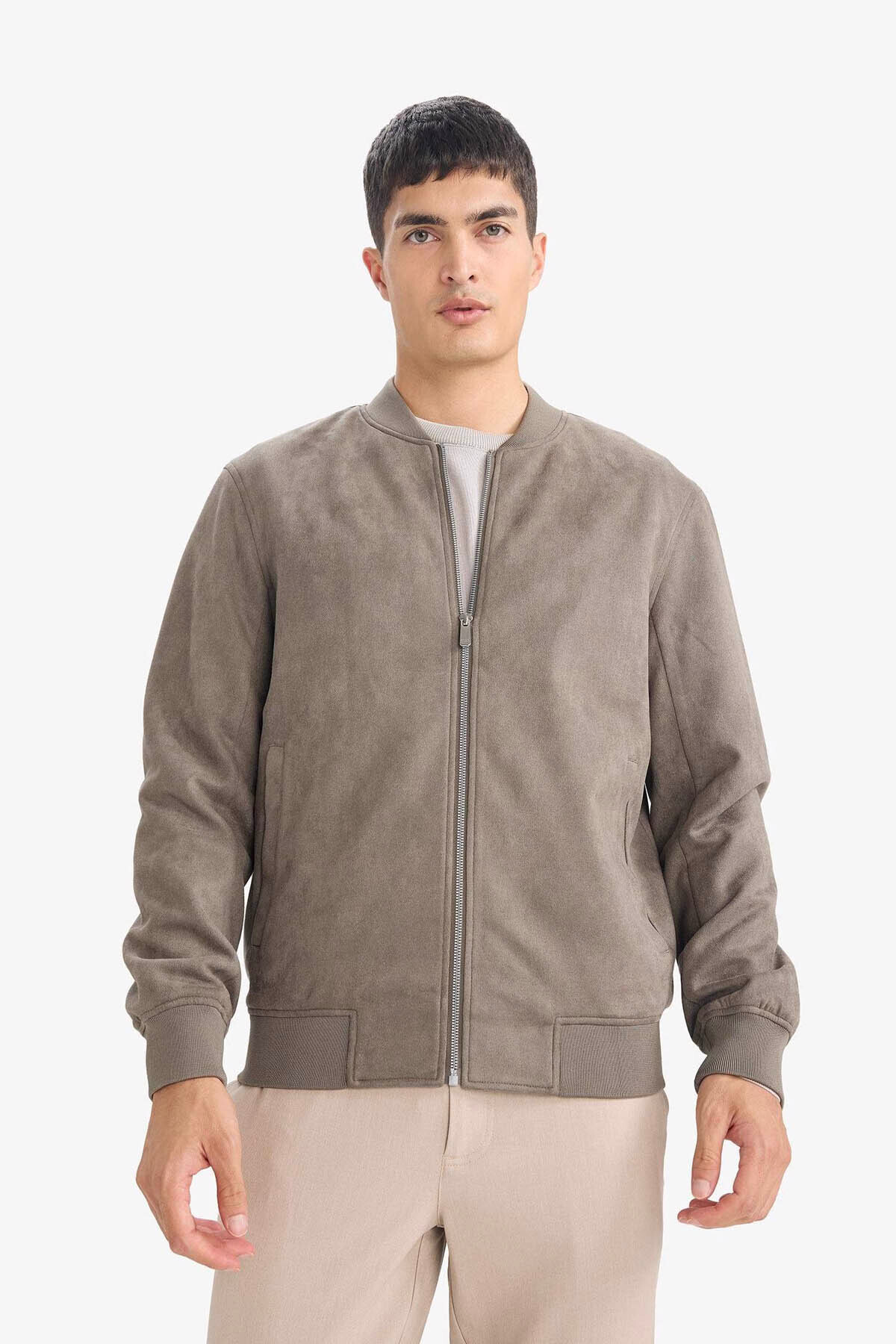 DeFacto Ultra Yumuşak Slim Fit Süet Kolej Yaka Fermuarlı Çift Cepli Mevsimlik Bomber Mont Ceket A3866AX26SP görsel 3