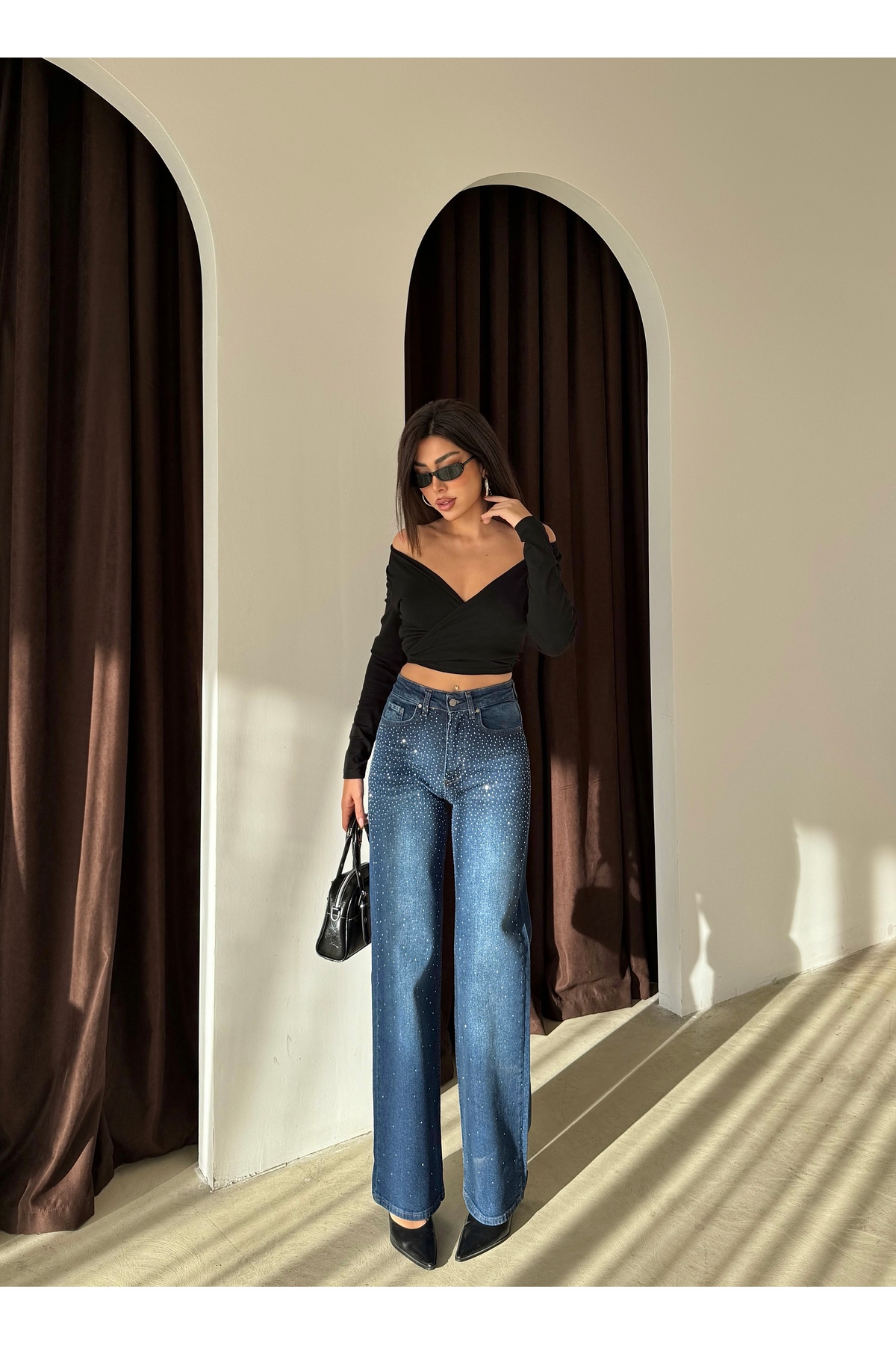 Swet Shop Jeans  Kadın Yüksek Bel Vintage Parlak Taş Desenli Özel Tasarım Likralı Palazzo Denim Jean - Görsel 8