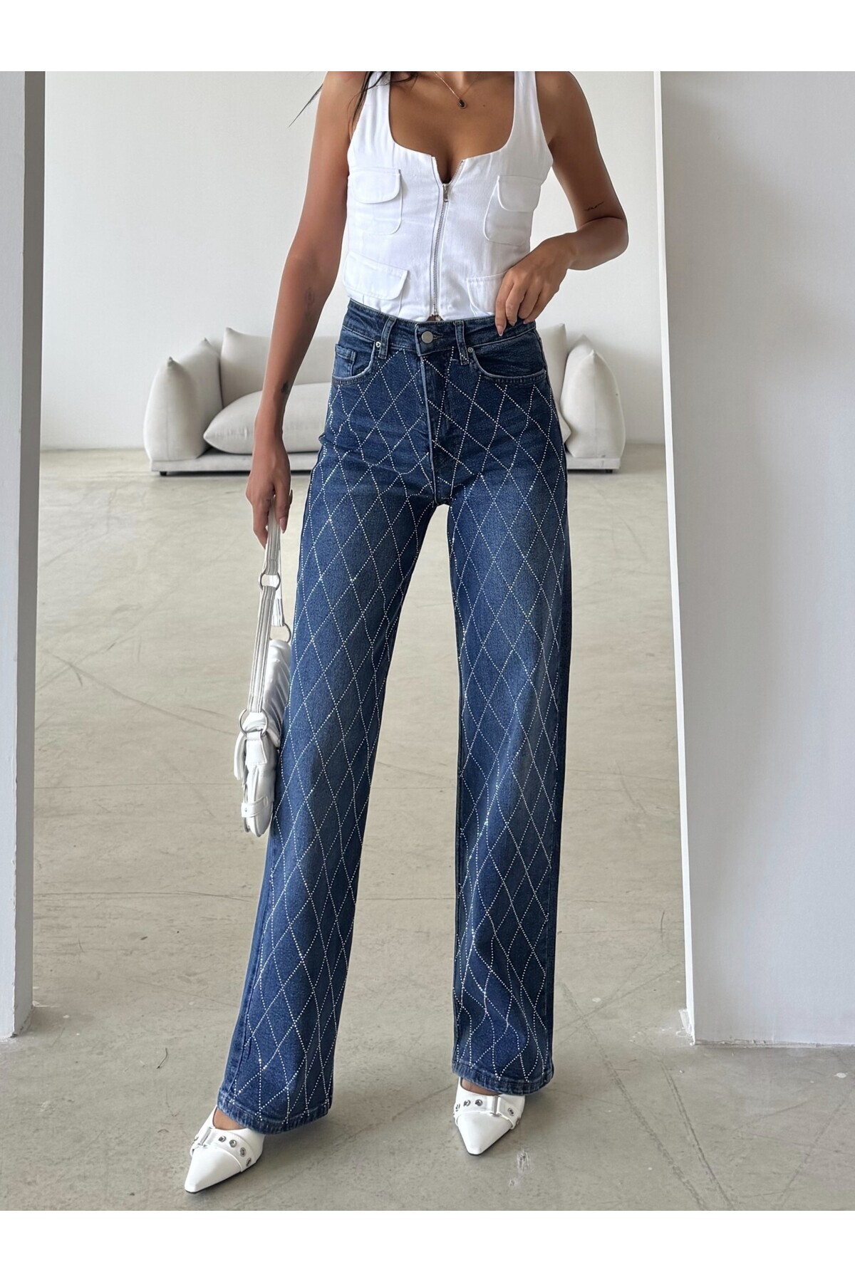Swet Shop Jeans Γυναικείο τζιν Palazzo με ψηλόμεσο vintage γυαλιστερό σχέδιο ...