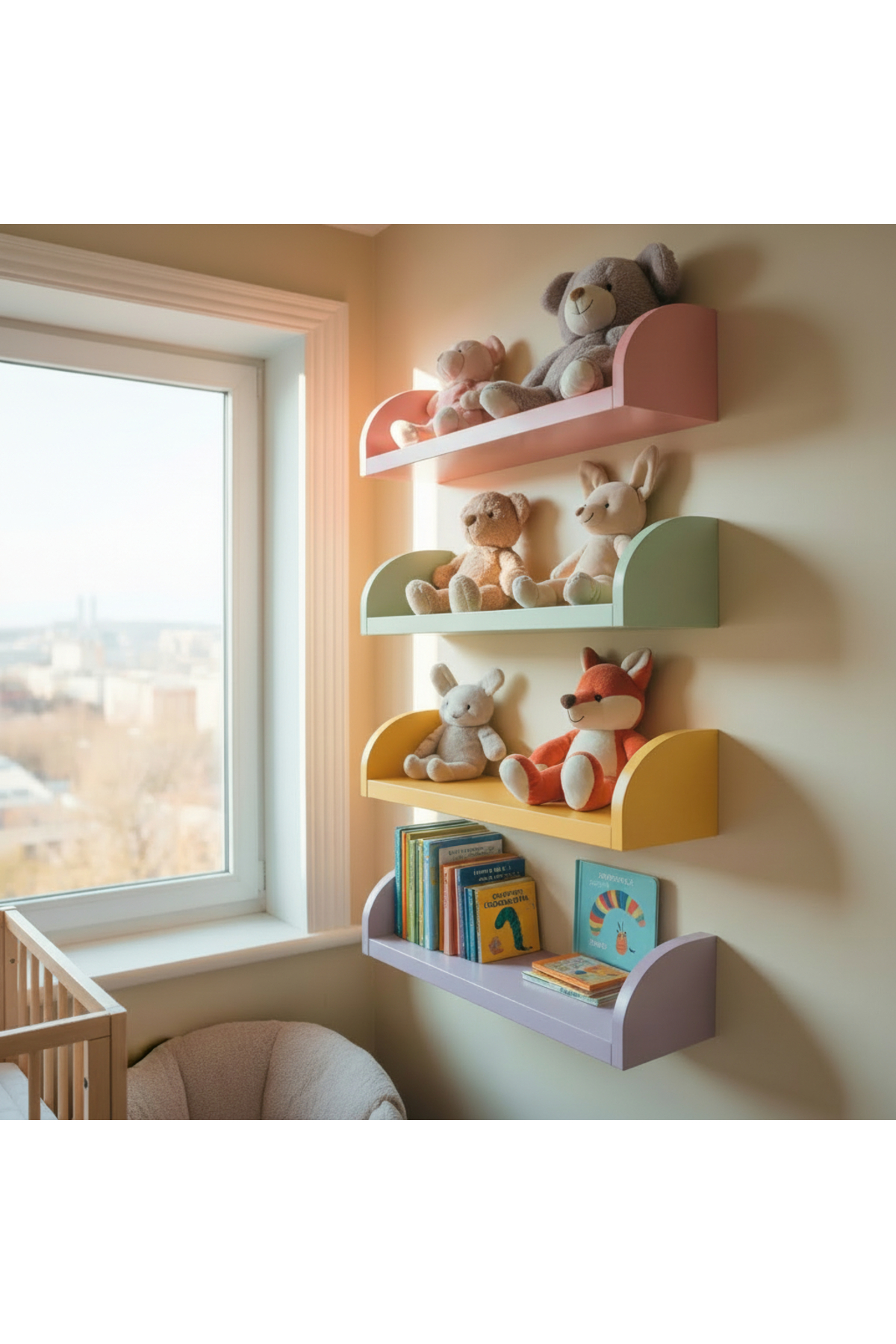 WoodArtDesign Pastel Renkli Çocuk Odası Duvar Rafı – Oyuncak ve Kitap Rafı (Montessori Stil) 4'lü set fotoğrafı 3 (önizleme)