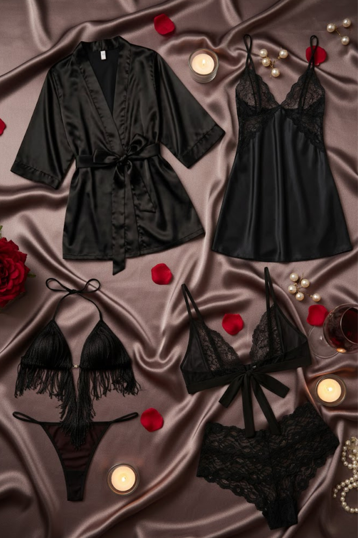 ZENCHES Kadın Siyah 5’ Parça Çeyizlik Takım- Dantelli Gecelik ,Saten Sabahlık, İç Giyim Seti Ve Babydoll