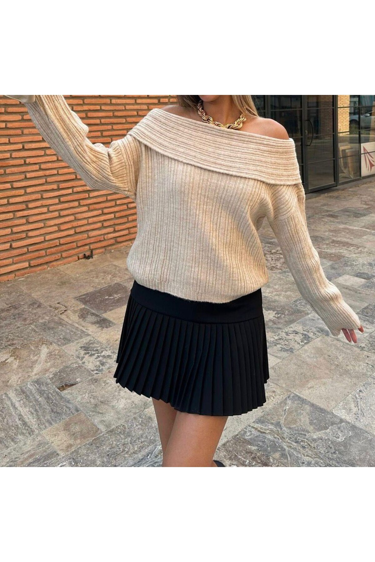 CuteLovesa  Degaje Madonna Yaka Şardonlu Rahat Kalıp Kadın Triko Kazak - Görsel 3