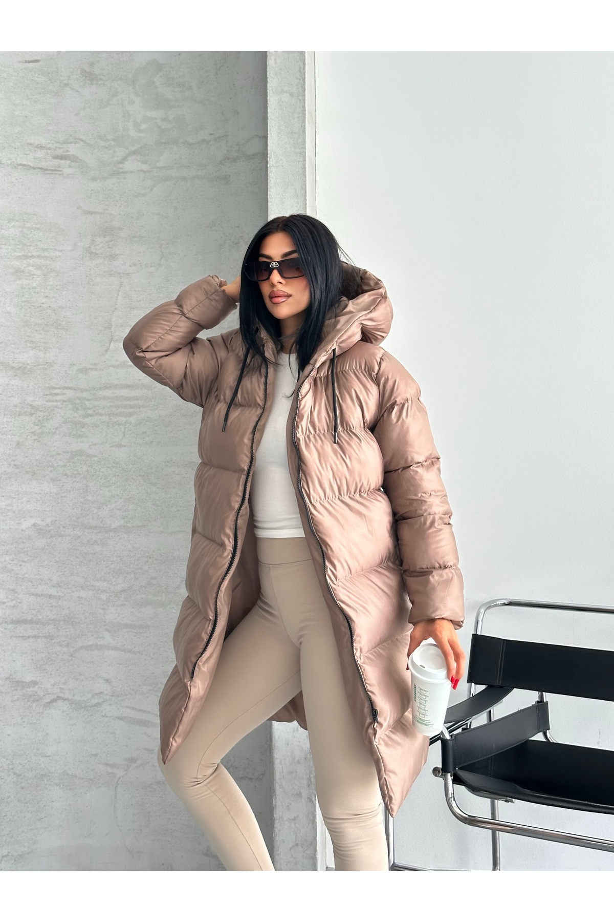 Fashionbox dámský gelový nepromokavý dlouhý péřový kabát s kapucí a zipem 26444