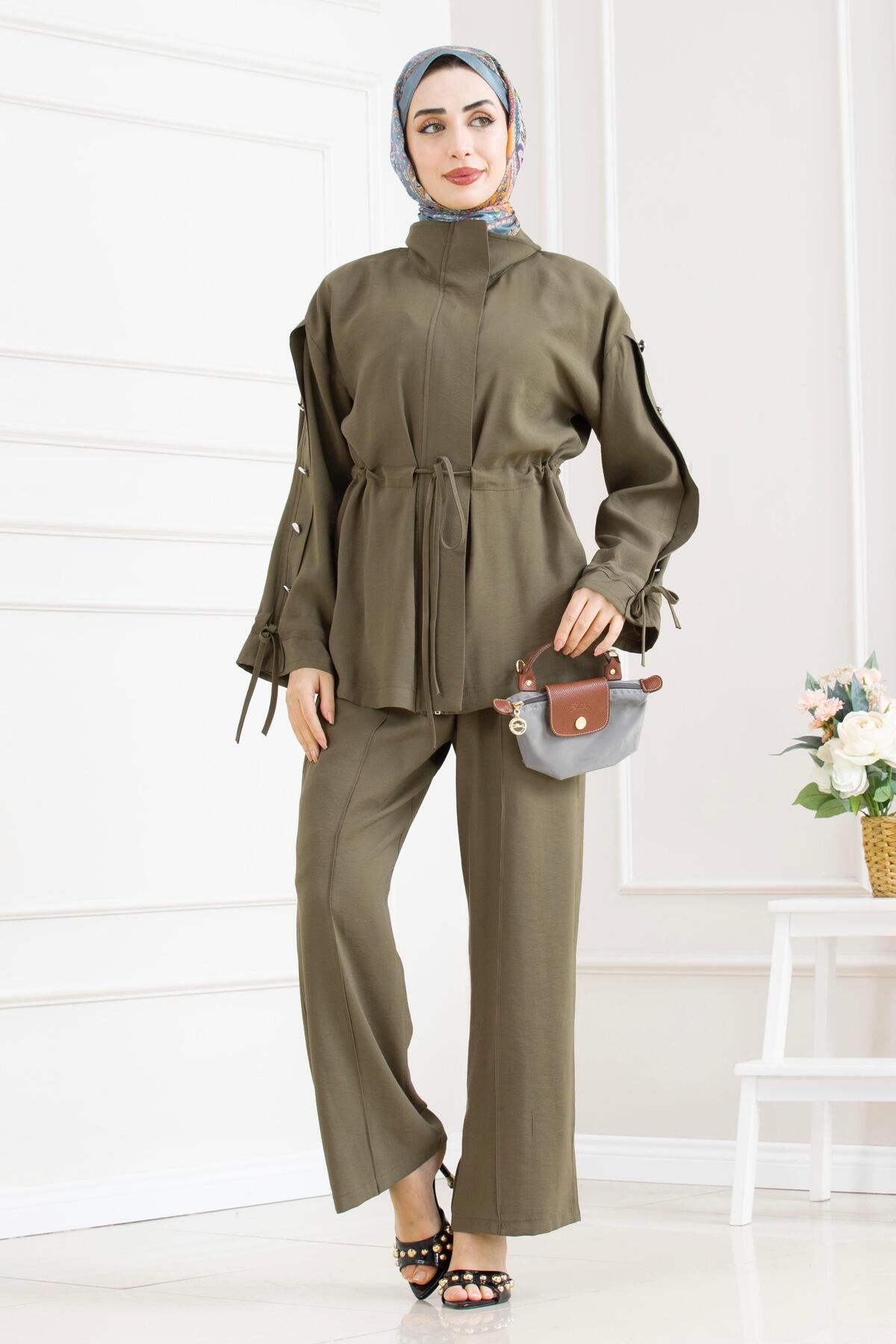 Sevitli Tunnel Detailed Sleeve Buttoned Double Hijab Set-Khaki