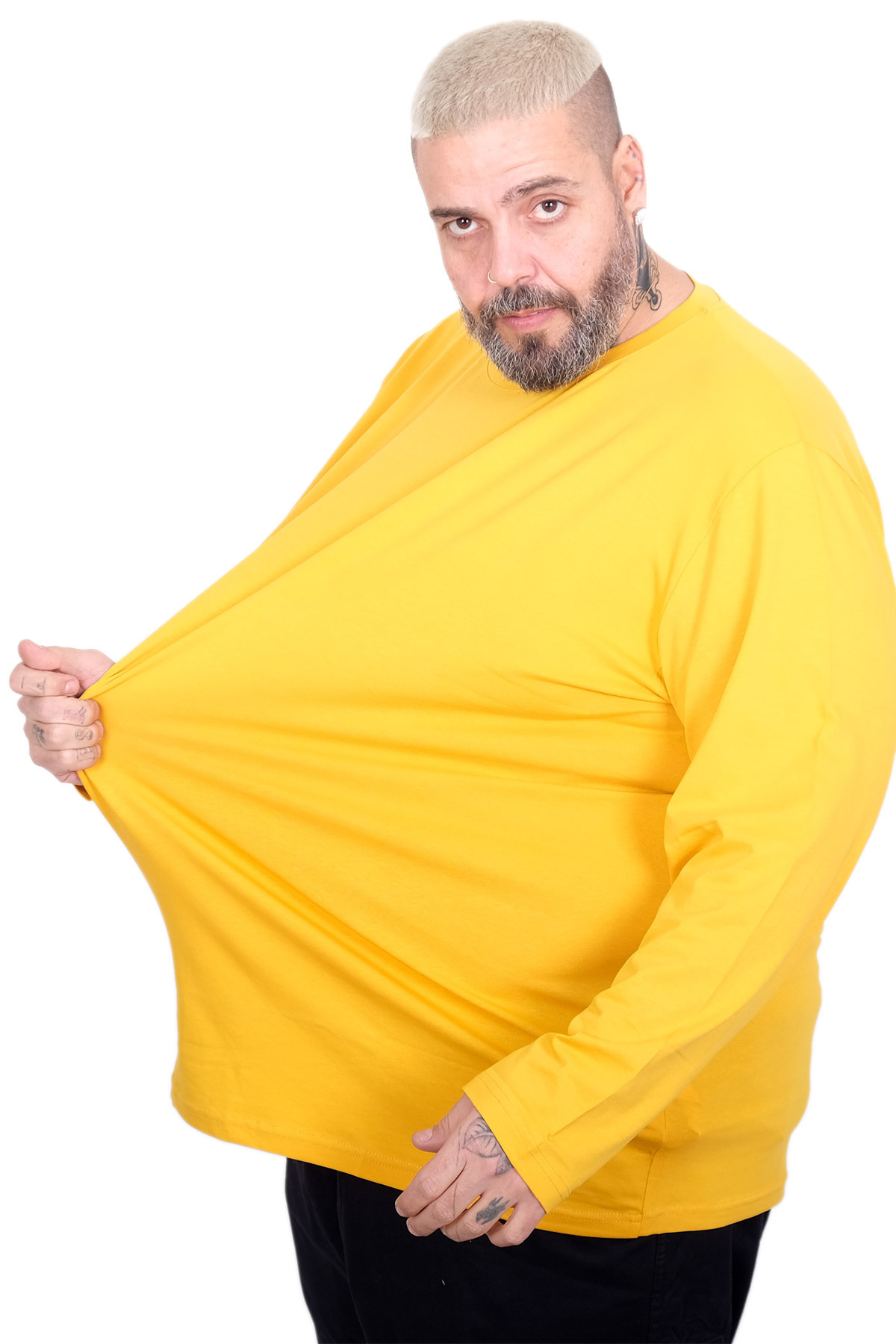 ModeXL Mode XL Büyük Beden Erkek Uzun Kollu Bisiklet Yaka T-Shirt 20102 HARDAL görsel 2