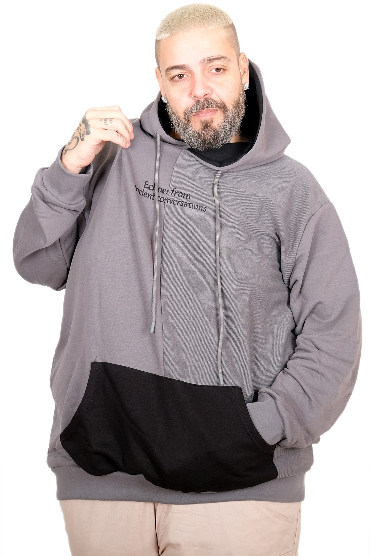 ModeXL Mode XL Büyük Beden Erkek Kapüşonlu Parçalı Sweatshirt U25813 FUME görsel 3