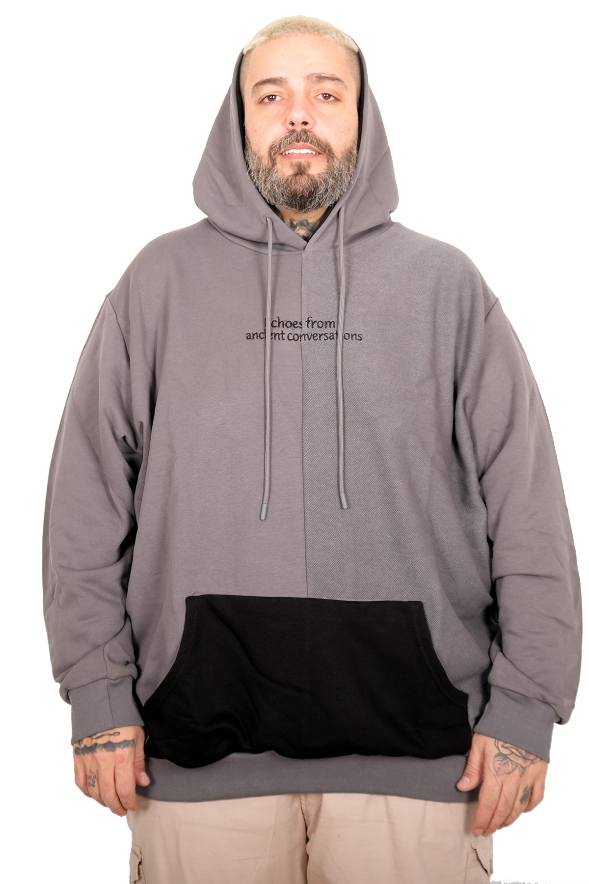 ModeXL Mode XL Büyük Beden Erkek Kapüşonlu Parçalı Sweatshirt U25813 FUME