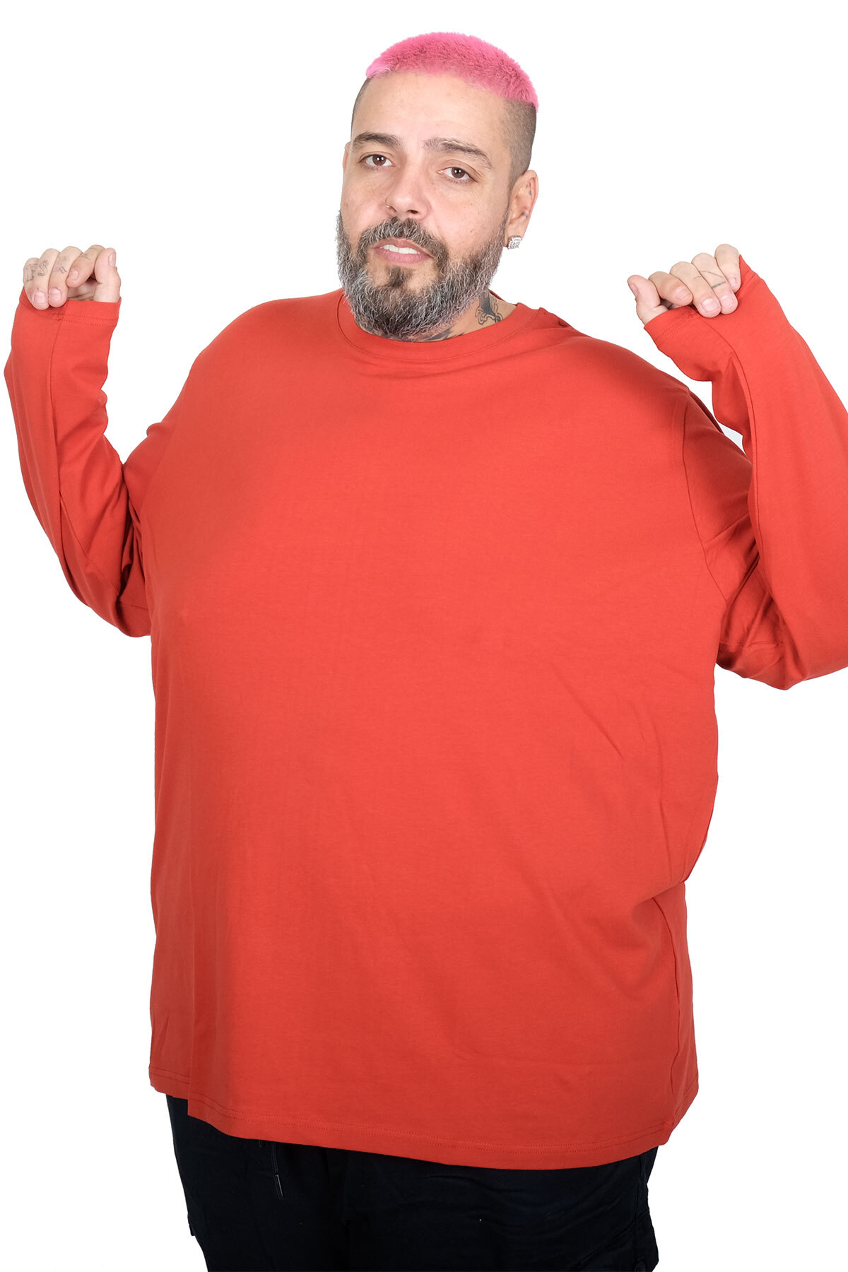 ModeXL Mode XL Büyük Beden Erkek Uzun Kollu Bisiklet Yaka T-Shirt 20102 KİREMİT görsel 2