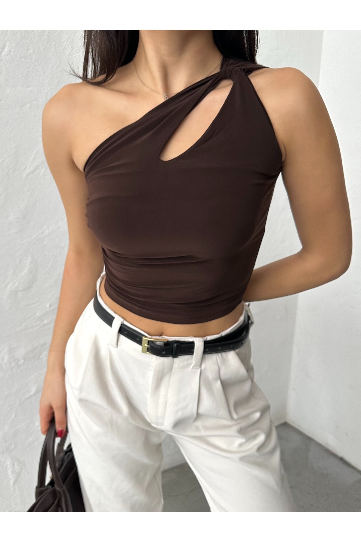Women's Bitter Coffee Shoulder Twisted Crop Blouse