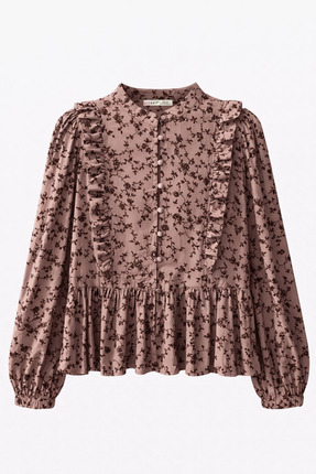 Mixray 4807 Kadın Çiçek Desen Hakim Yaka Fırfırlı Bluz Kahve