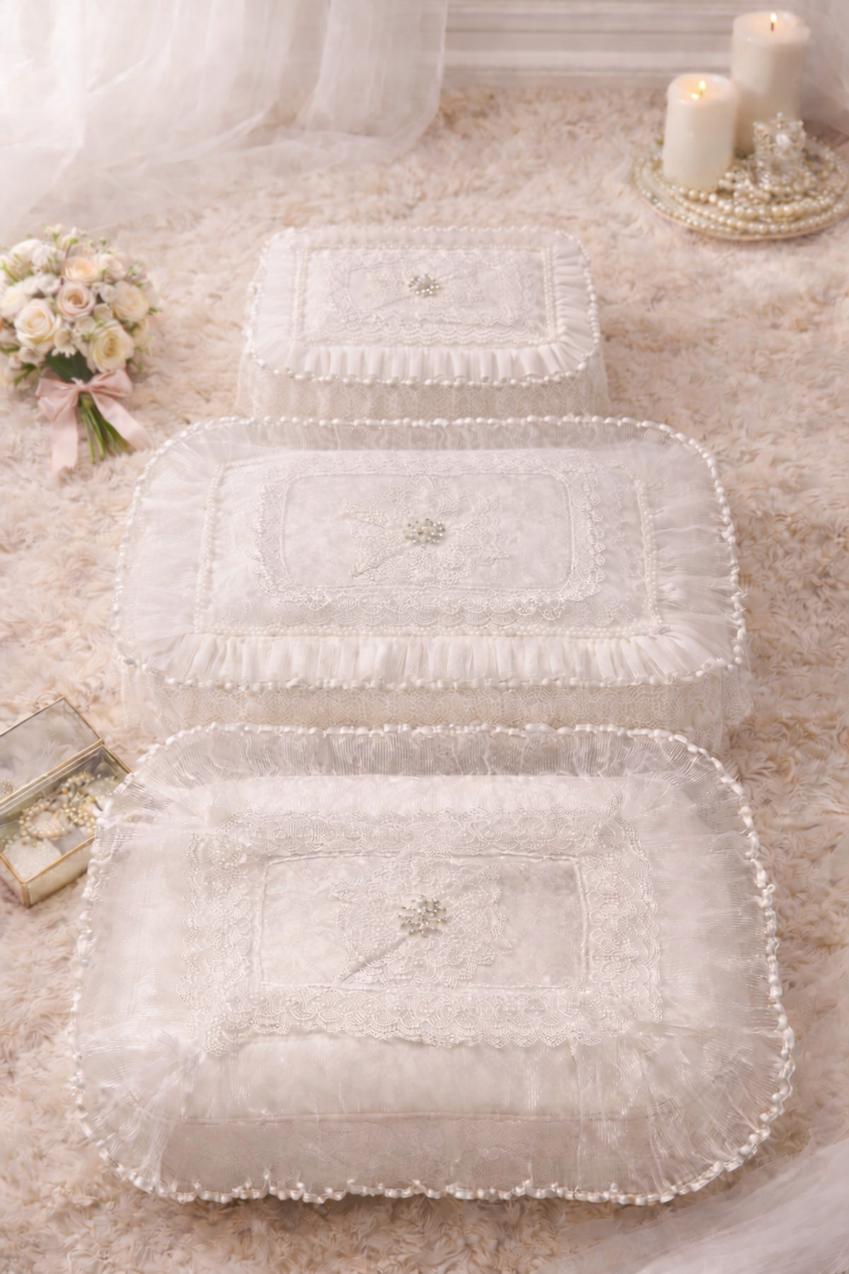 3-Piece Princess Figure French Guipure Dowry Bundle Promise Engagement Bride Groom Ultra Luxury Velvet Hatch Set