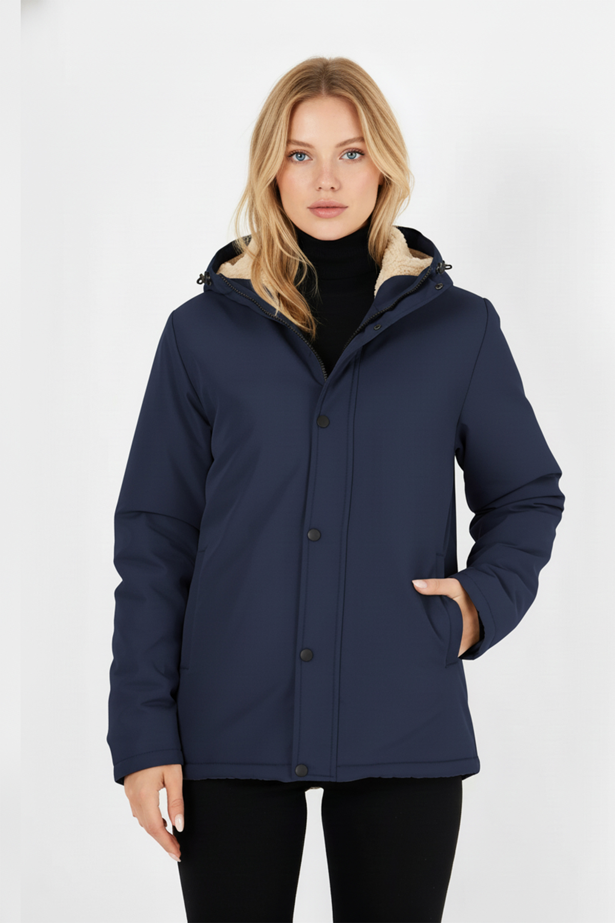 QAWWA  Kadın İçi Kürklü Su ve Rüzgar Geçirmez Kapüşonlu Parka & Mont & Kaban - Görsel 3