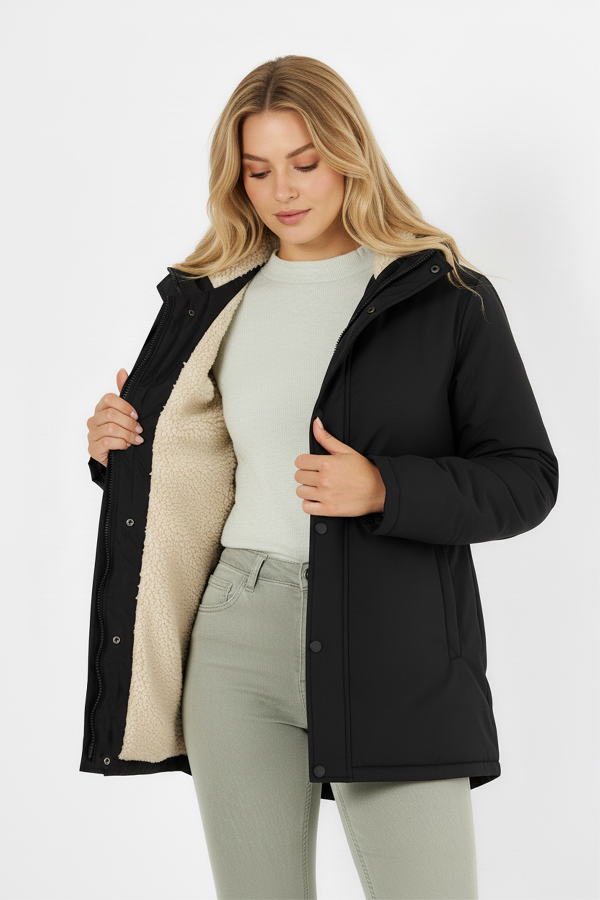 QAWWA  Kadın İçi Kürklü Su ve Rüzgar Geçirmez Kapüşonlu Parka & Mont & Kaban - Görsel 4