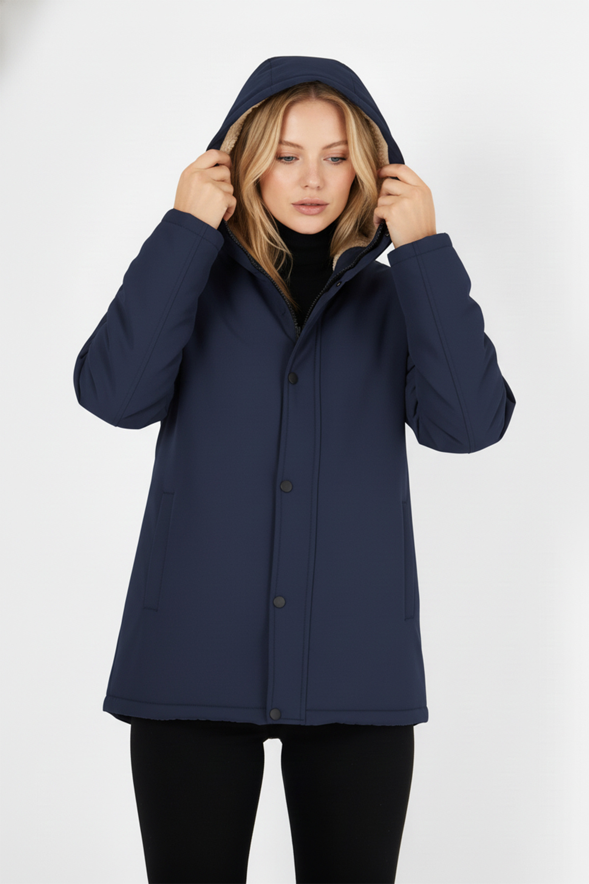 QAWWA  Kadın İçi Kürklü Su ve Rüzgar Geçirmez Kapüşonlu Parka & Mont & Kaban - Görsel 4