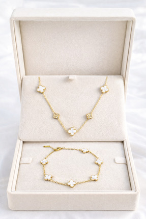 Gulsah's Store Çelik mini beyaz zirkon taş yoncalı kolye ve bileklik 2’li set...