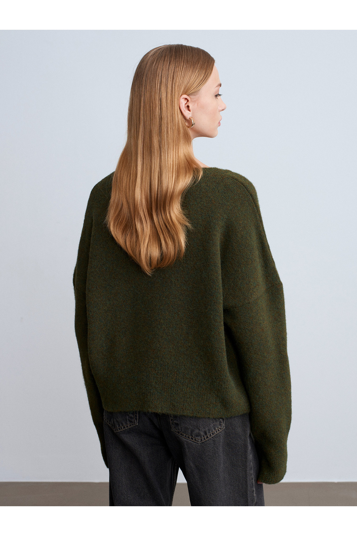 Dilvin  10645 V Yaka Yün Karışımlı Kazak-Haki M. - Görsel 2