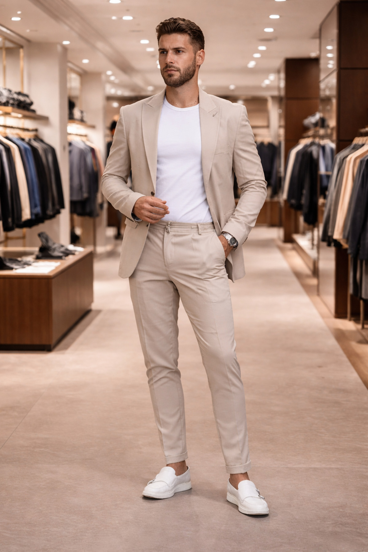 REMA STİL  İtalyan Kesim Takım Elbise Krem Spor İpli - Slım Fıt