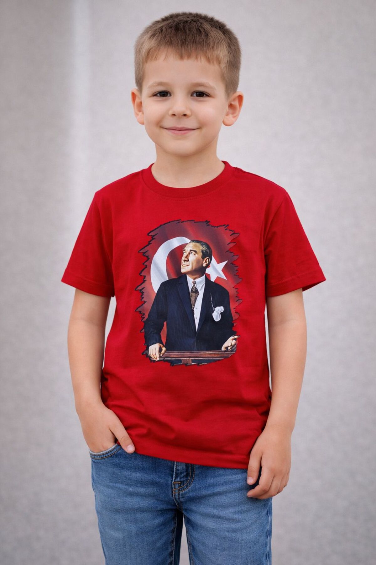 kidszone Unisex Çocuk Kırmızı Dijital Baskılı Atatürk'Lü T-shirt