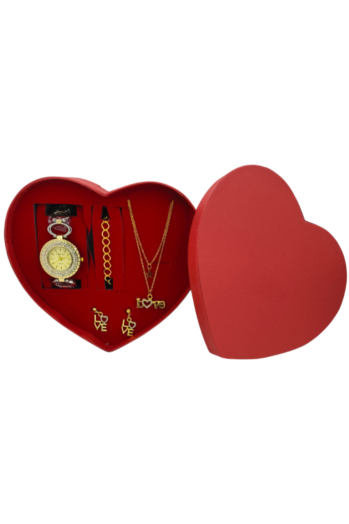 Kadın Saat Takı Seti Love Yazılı Kolye Küpe Zincir Bileklik Kalpli Hediye Kutulu
